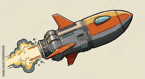 Obraz Rocket Launching with Fire and Smoke Comic Book Style