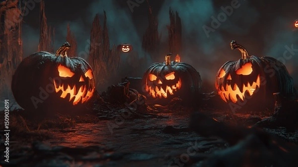 Obraz Spooky Halloween Night: Glowing Jack-o'-lanterns in a Dark Forest