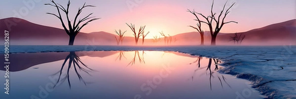 Fototapeta A serene landscape at sunrise featuring barren trees reflected in a calm water body. The ethereal colors create a peaceful and tranquil atmosphere.