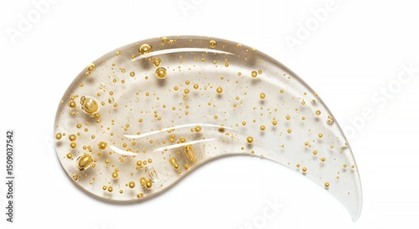 Fototapeta Close-up of clear serum with suspended 24k gold flakes on clean white backdrop for luxury cosmetic ad