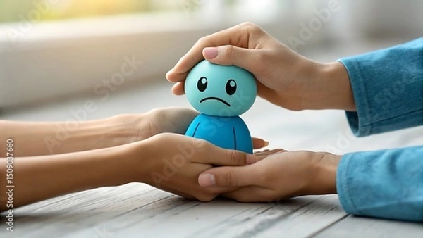 Obraz a pair of comforting hands holding a sad 3d figure for World Mental Health Day