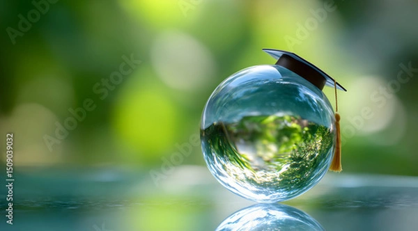 Fototapeta A creatively designed glass globe featuring a graduation cap, symbolizing the union of education and the environment, reflecting nature beautifully.