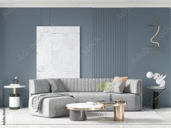 Fototapeta Mock up of a sophisticated stylish living room with a trendy comfortable sofa and a light modern background, 3d rendering.