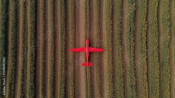 Fototapeta Red glider in harvested field, aerial view, agricultural landscape,  farming