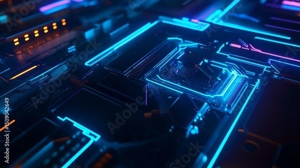 Obraz Abstract Cyberpunk Circuitry: Neon Lights and Digital Technology