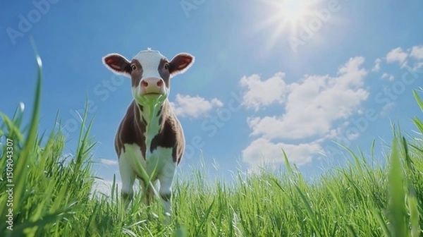Obraz A Curious Calf in a Sunny Meadow