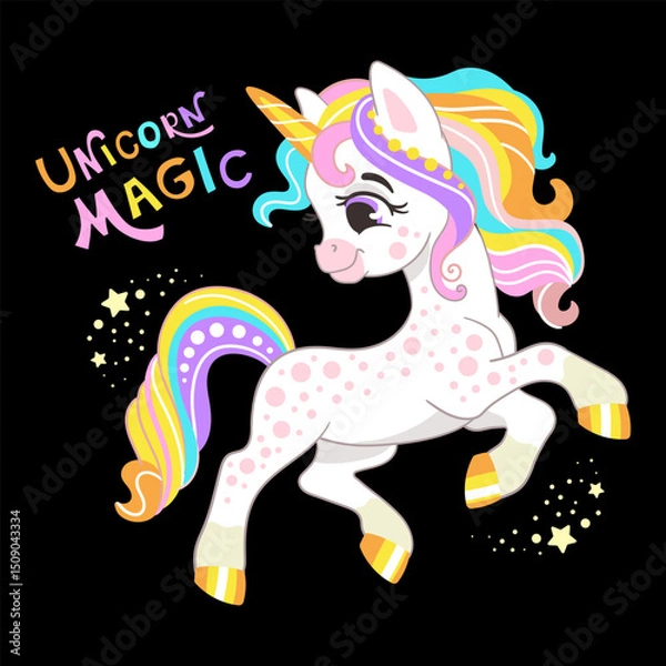 Fototapeta Cute cartoon character joyful magic unicorn and lettering vector