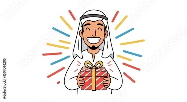 Fototapeta A joyful man in traditional attire smiles while holding a gift box, surrounded by colorful rays