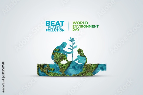 Fototapeta #BeatPlasticPollution, World Environment day concept 2025 3d tree background. 