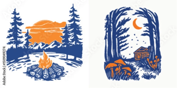 Obraz Scenic Camping Illustration with Fire and Forest Elements