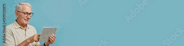 Fototapeta Elderly man looking puzzled while using tablet against blue background  