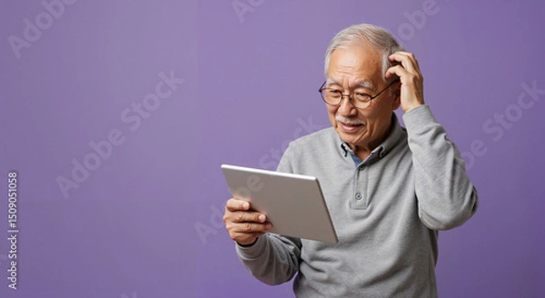 Fototapeta Elderly man looking puzzled while using tablet against purple background  