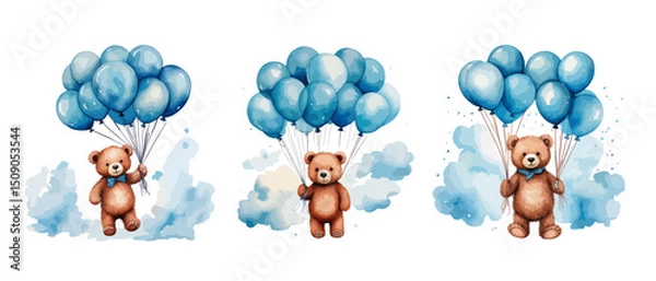 Obraz Bears flying on balloons, in blue colors - vector watercolor illustrations for Babyshower for boy, for birthday	
