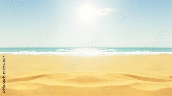 Fototapeta  Serene Beach Scene with Sun and Ocean Waves