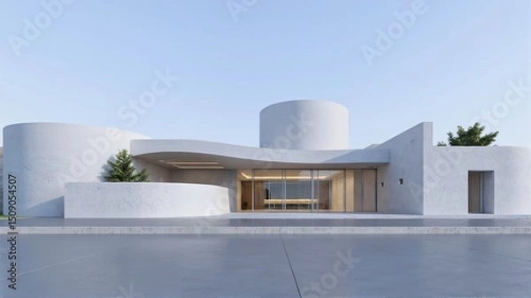 Fototapeta  Modern White Architectural Structure with Curved Roof and C