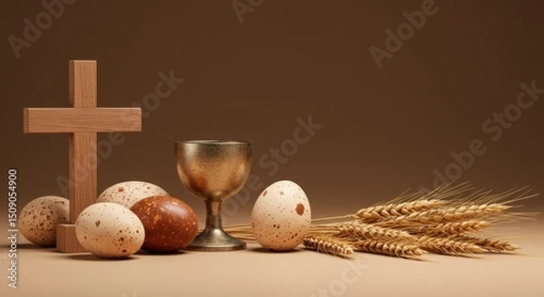 Fototapeta Easter Symbols - Cross, Wine, and Wheat