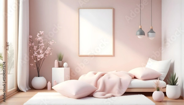 Obraz minimalist modern bedroom with calm and cozy vibe. Scandinavian style, double bed, lamp, curtain, and sunlights. Simplistic 