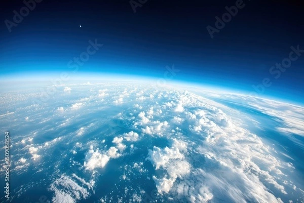 Obraz A breathtaking view of Earth"s curvature with clouds and the blue atmosphere seen from high altitude.