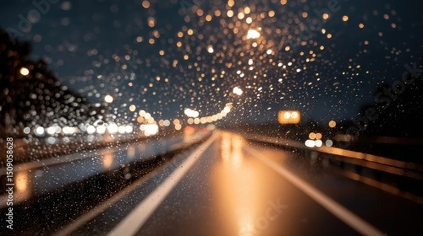 Fototapeta raindrops on glass with bokeh lights from passing cars on a rainy highway at night