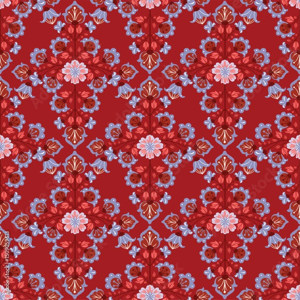 Obraz Seamless vector pattern with bright abstract flowers in folk art style on a vivid red background. Colorful decorative design perfect for fabric, wrapping paper, wallpaper, and festive projects.