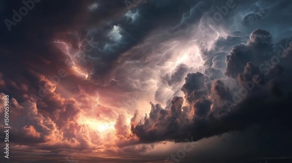 Fototapeta sunset sky turning stormy with distant thunderclouds and faint lightning