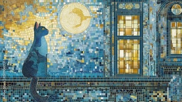 Fototapeta stylized mosaic cat sitting on windowsill, moonlight outside, blue and yellow tiles