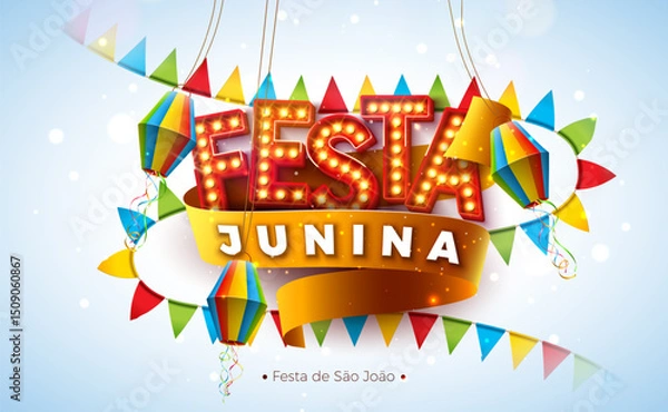 Fototapeta Festa Junina Illustration with Party Flags, Confetti and Light Bulb Billboard Letter on Yellow Background. Vector Brazil Sao Joao June Festival Design for Greeting Card, Banner or Holiday Poster.