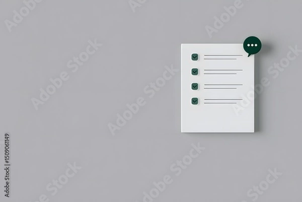 Fototapeta A minimalist image featuring a white document with green checkmarks and a speech bubble icon on a plain gray background