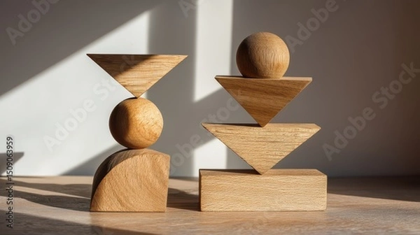 Fototapeta wooden 3D geometric figures stacked in balance, natural light and clean surface