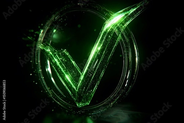 Obraz A futuristic and intricate green checkmark symbol encased in a glowing ring, set against a dark background with particles floating around it.