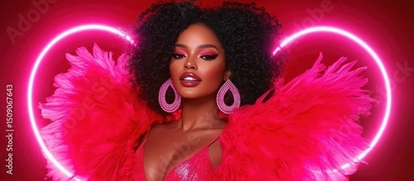 Fototapeta Pink feather boa model studio portrait, neon hearts background