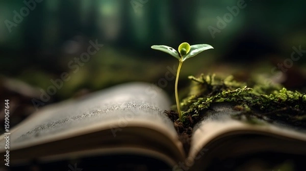 Obraz A single sprout emerges from the pages of an open book, symbolizing the growth of knowledge and the power of learning in a forest setting.