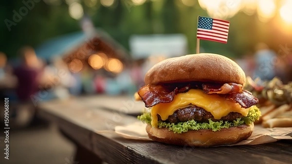 Fototapeta A delicious cheeseburger topped with bacon and lettuce, served on a wooden table outdoors with an American flag toothpick, surrounded by a blurred background of people and nature.