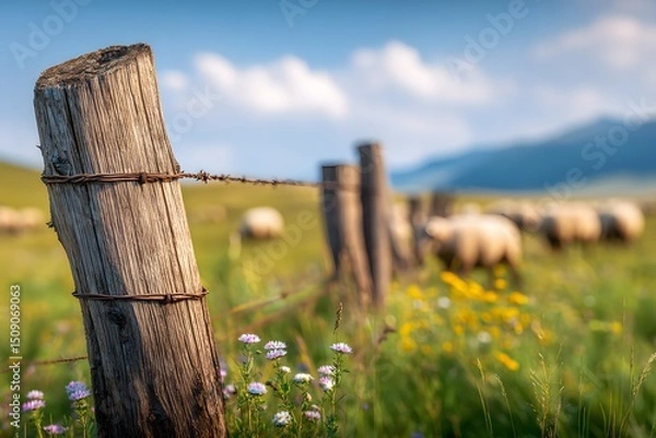 Fototapeta A serene pastoral scene featuring a rustic wooden fence with barbed wire, set against a backdrop of grazing sheep and distant mountains under a partly cloudy sky.