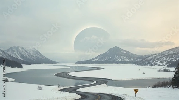 Fototapeta  Moon Over Mountainous Landscape with Calm Water and Fo