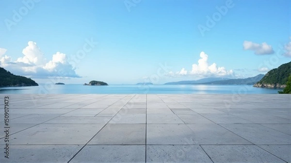 Fototapeta  Serene Ocean View with Clear Sky and Tile Floor