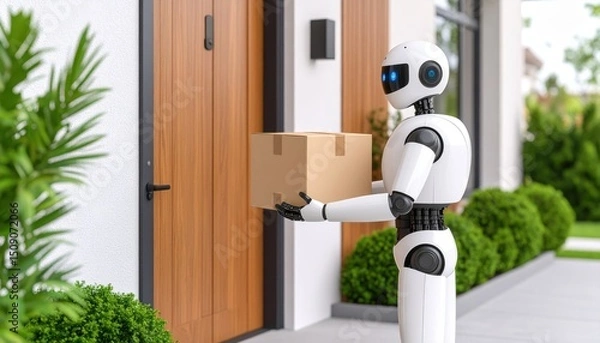 Fototapeta Home delivery robot delivers package at front door of modern house Future of automated shipping