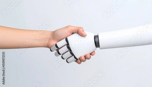 Fototapeta Human hand shaking a robotic hand symbolizing technological advancement and human robot collaboration