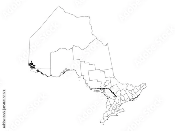 Fototapeta Ontario, Canada: Detailed Census Divisions Outline Map - Black Lines, Transparent Background SVG/PNG - Minimalist Regional Boundaries Vector