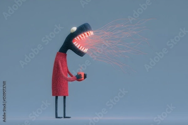 Fototapeta A whimsical creature with a large open mouth emitting sparks, wearing a red dress and holding a small object in its hand against a muted blue background