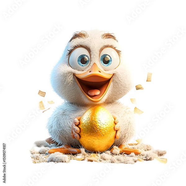 Fototapeta A happy cartoon style goose sitting on a golden egg representing the concept of passive income and wealth