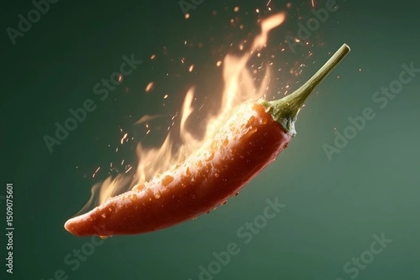 Fototapeta A vibrant red chili pepper suspended in mid-air with flames and sparks erupting from its surface against a dark green background