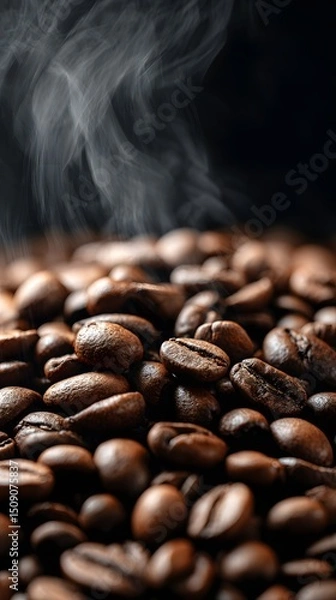 Fototapeta Aromatic coffee beans with rising steam against a dark background, showcasing the rich texture and inviting warmth of freshly roasted coffee.