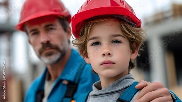 Fototapeta A young boy wearing a red hard hat stands in the foreground with a serious expression, an older man in construction gear is slightly out of focus in the background.