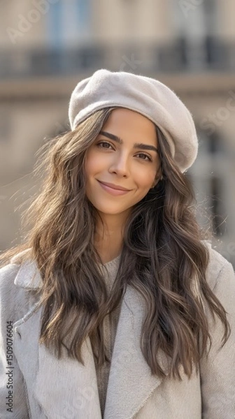 Fototapeta A young woman with long, wavy brown hair is smiling and wearing a beige beret and coat, standing outdoors with a blurred building in the background.
