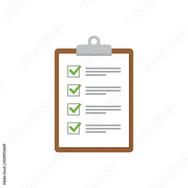 Fototapeta Flat vector clipart of a checklist clipboard with green ticks, task completion theme, on solid white background