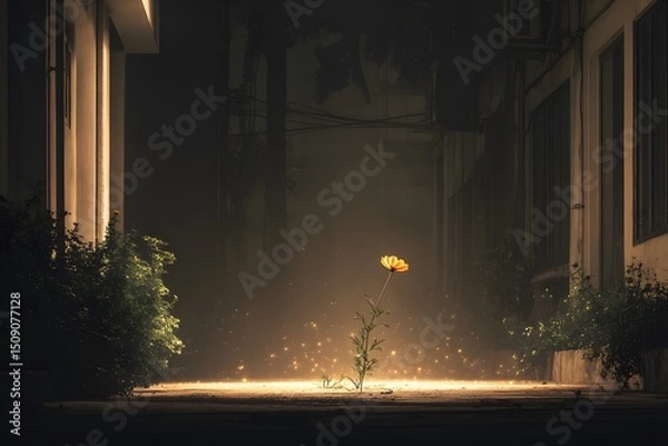 Fototapeta A solitary flower blooms in an urban alleyway illuminated by a mysterious glowing orb casting a warm light amidst the shadows and dust.
