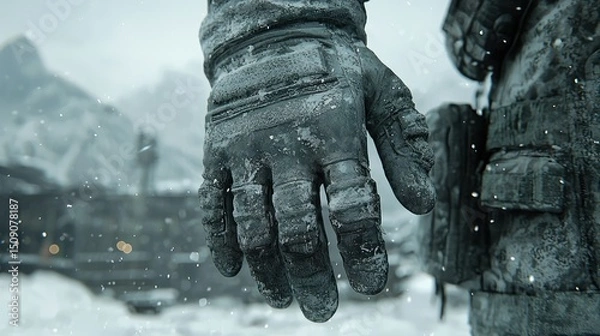 Fototapeta Close-up of frosted, tactical glove in snowy landscape