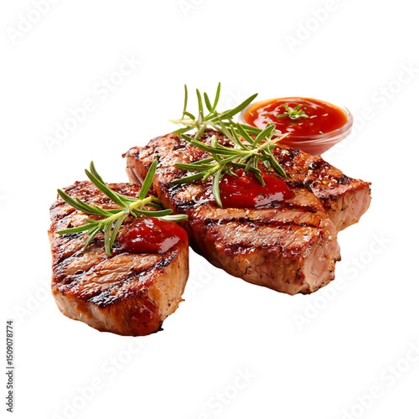 Fototapeta Grilled and sliced beef steak with rosemary isolated on a transparent background.