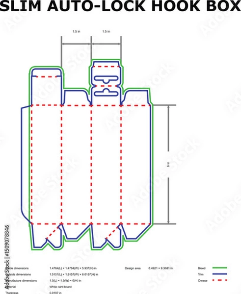 Fototapeta Slim auto lock hook box packaging design template